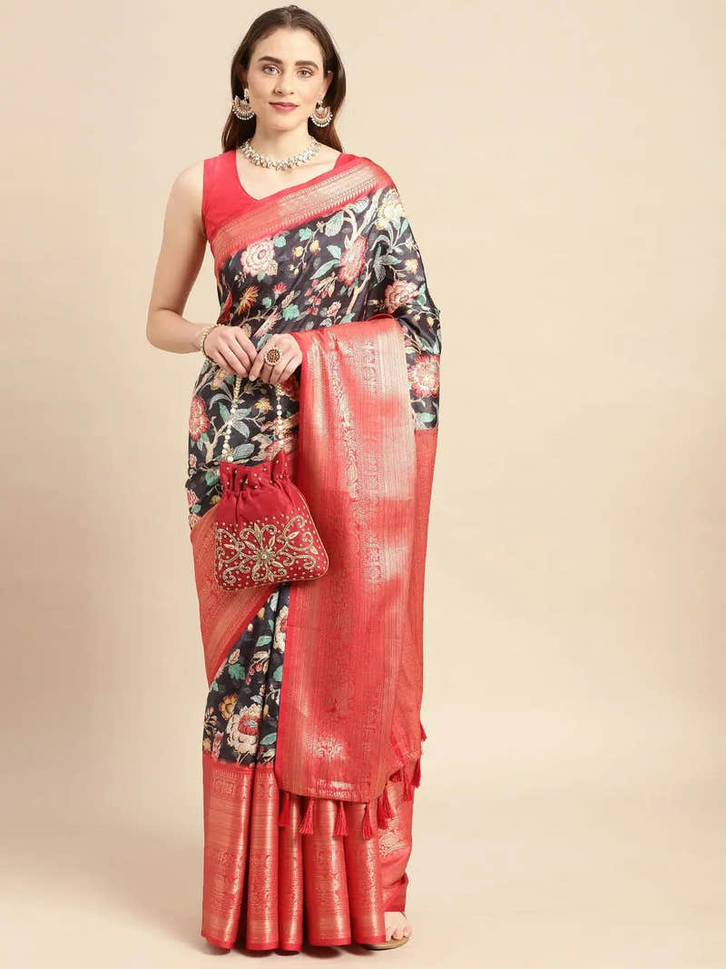 Navy Black Kalamkari Pattu Banarasi Saree