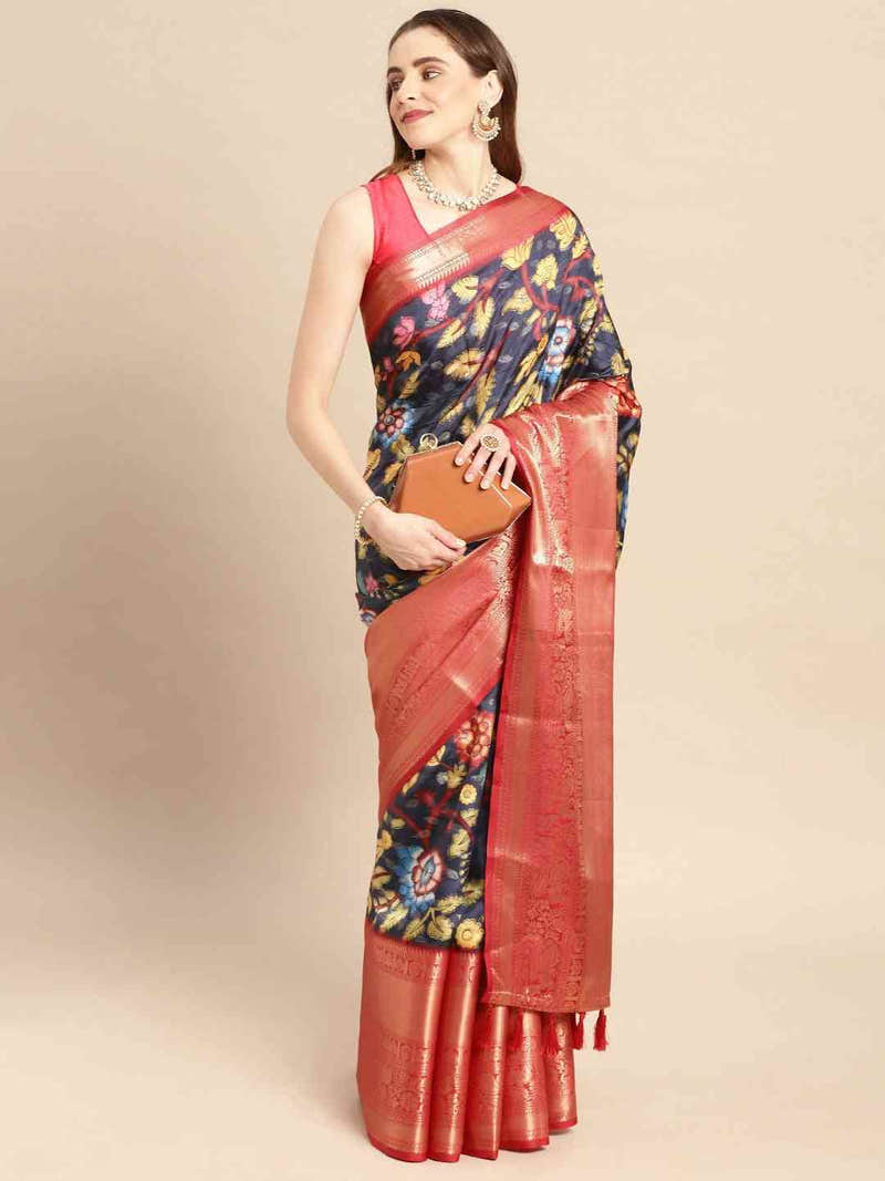 Black Floral Kalamkari Pattu Banarasi Saree