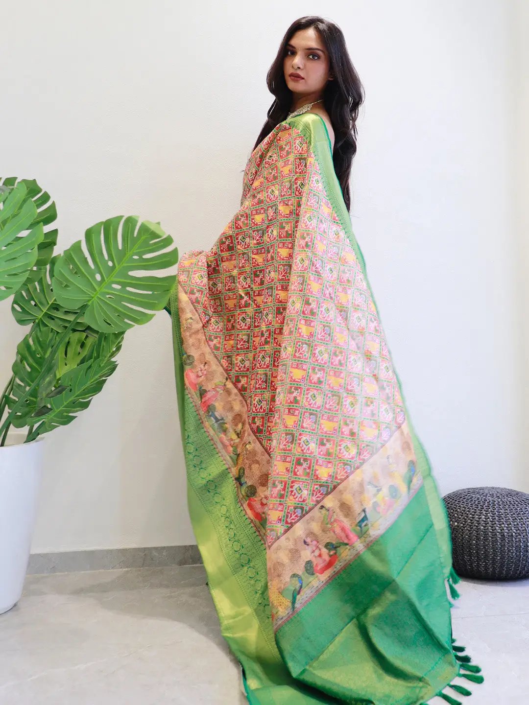 Vibrant Patola print on Moonga silk saree