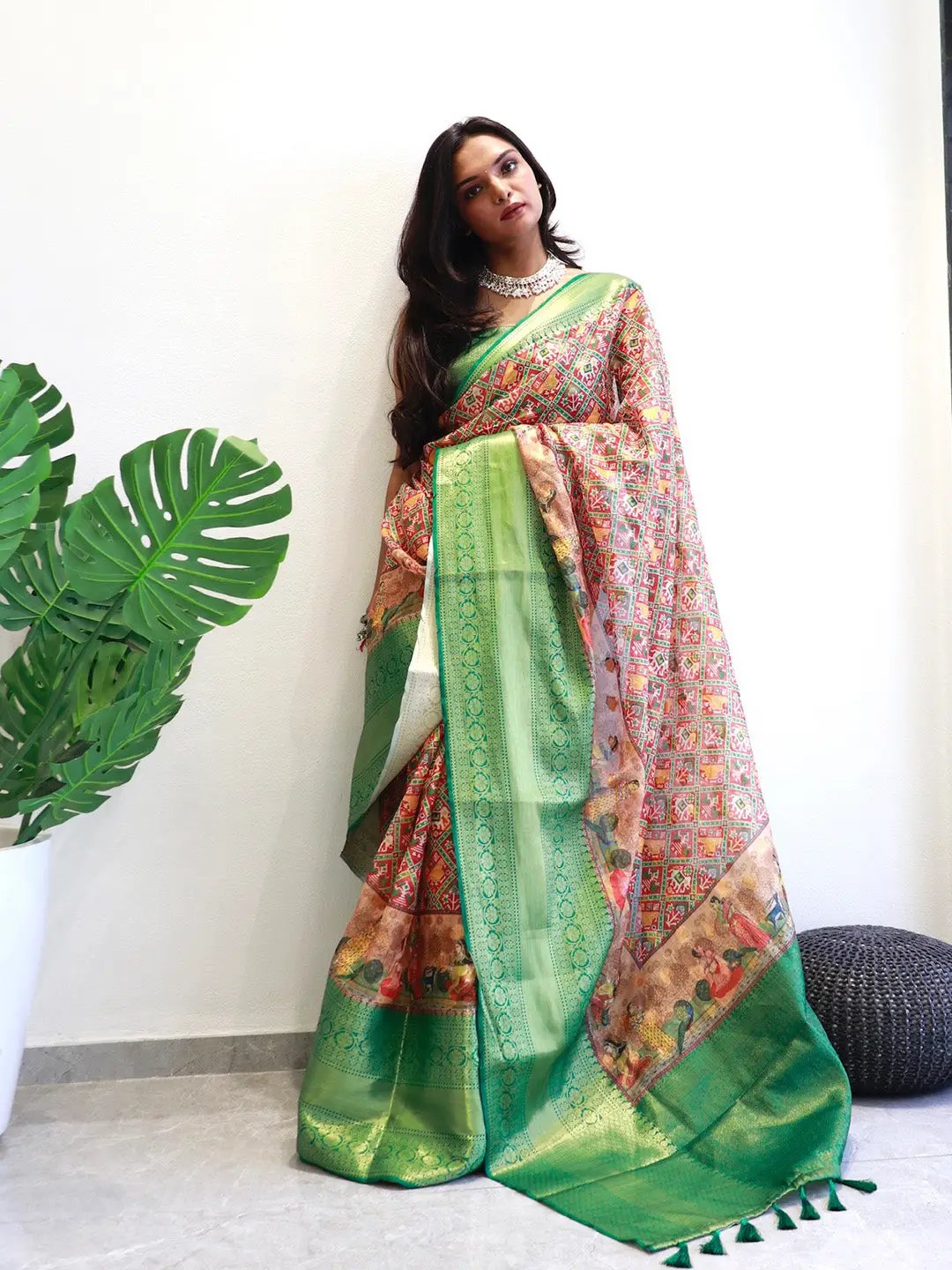 Designer party wear saree in green Moonga silk