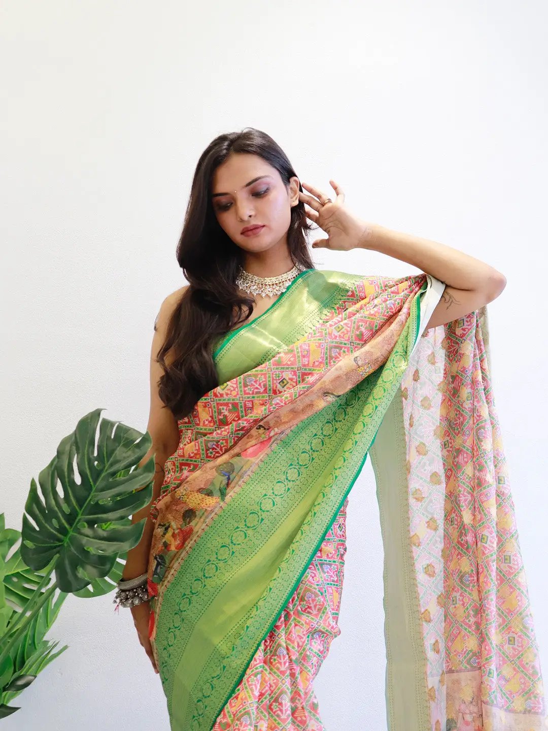 Stylish Moonga silk saree with intricate Patola design
