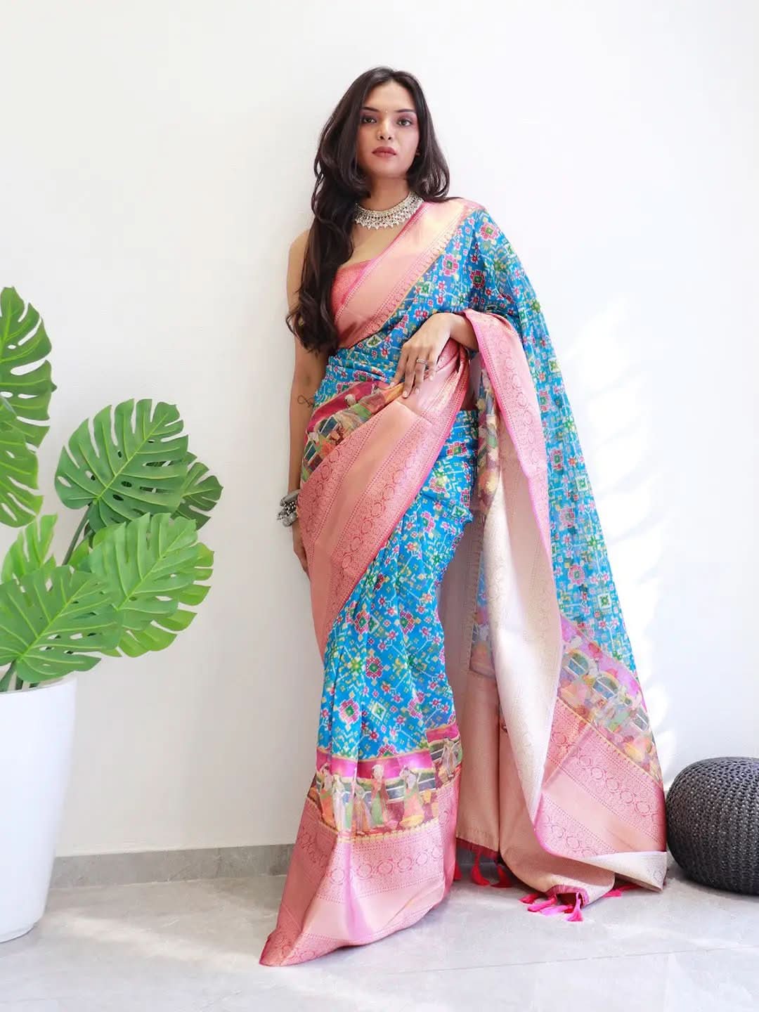 Moonga Silk Kota Doriya saree with pink and blue digital print