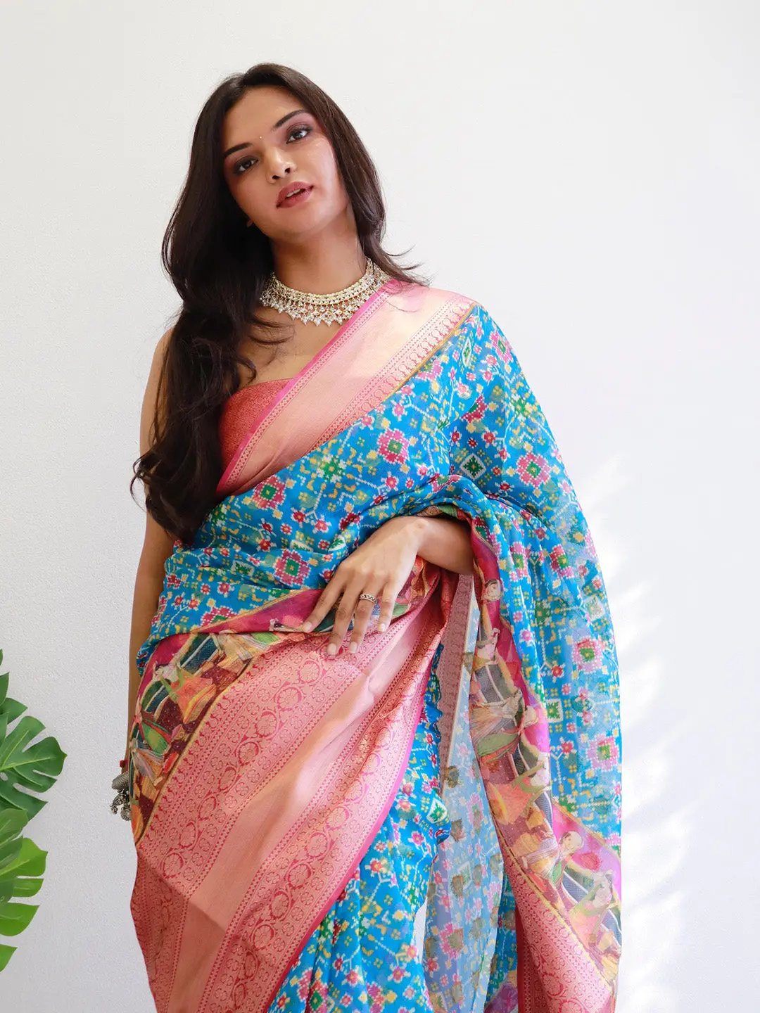 Close-up of Moonga Silk saree showcasing detailed print