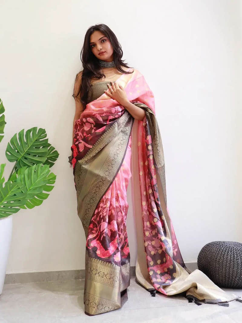 Peach Hybrid Kalamkari Printed Kota Doriya Saree