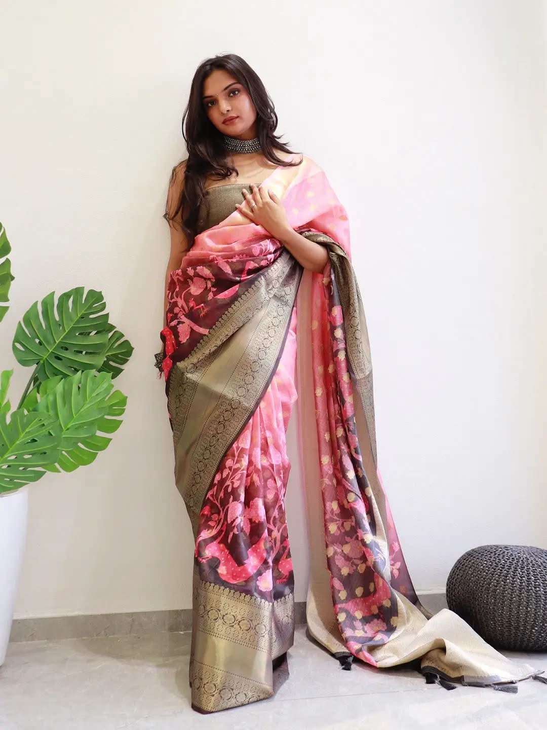 Elegant pink and brown Kalamkari Kota Doriya Saree