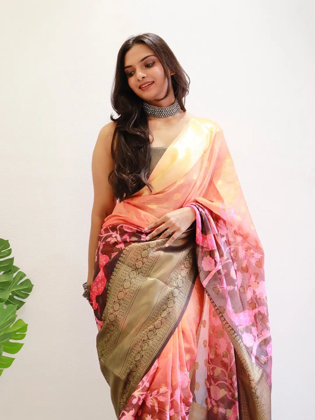 Chic Hybrid Kalamkari Saree with detailed floral prints