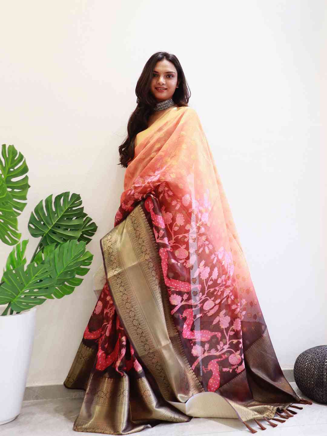 Stylish Kalamkari Printed Saree with vibrant floral motifs