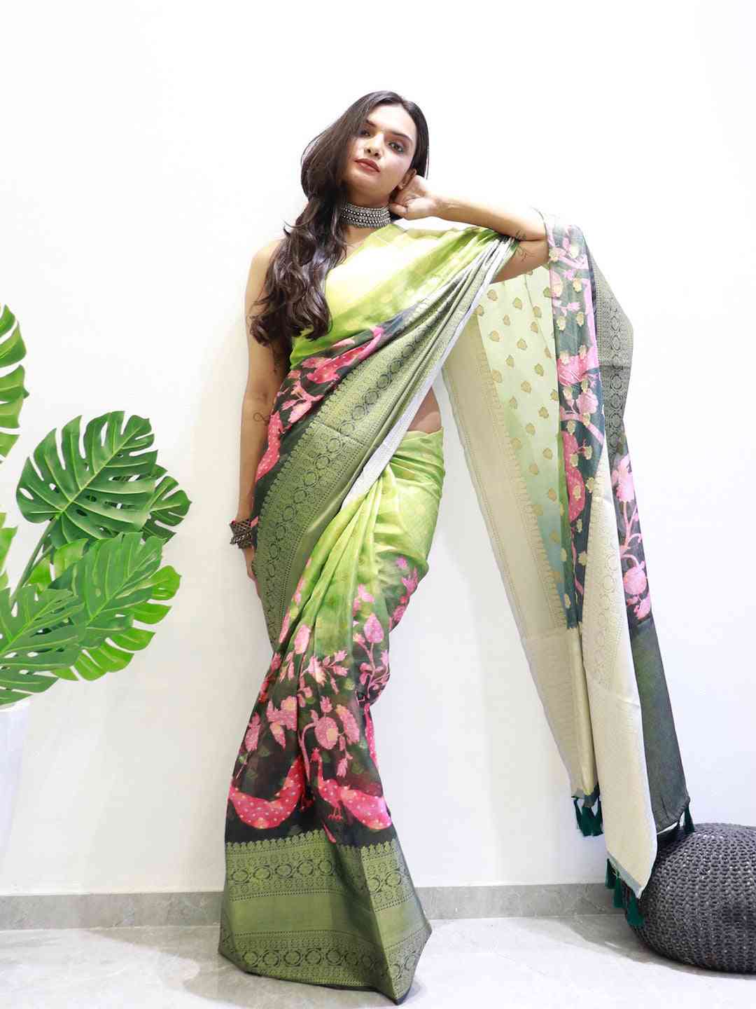 Elegant green and pink Kalamkari Kota Doriya Saree