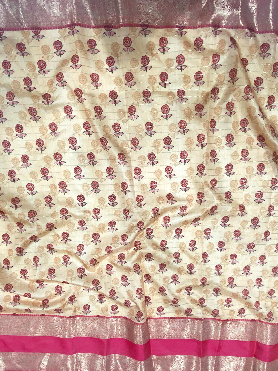 Cream Soft Silk Gadwal Kalamkari Saree