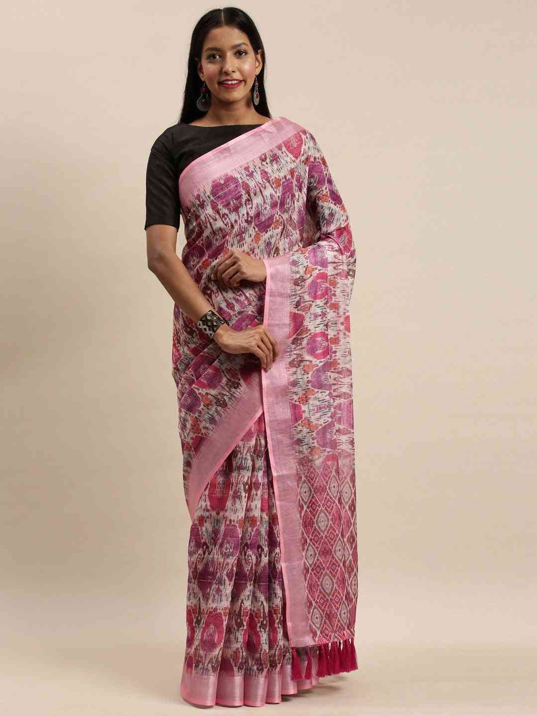 Stylish Soft Linen Geometric Print Saree