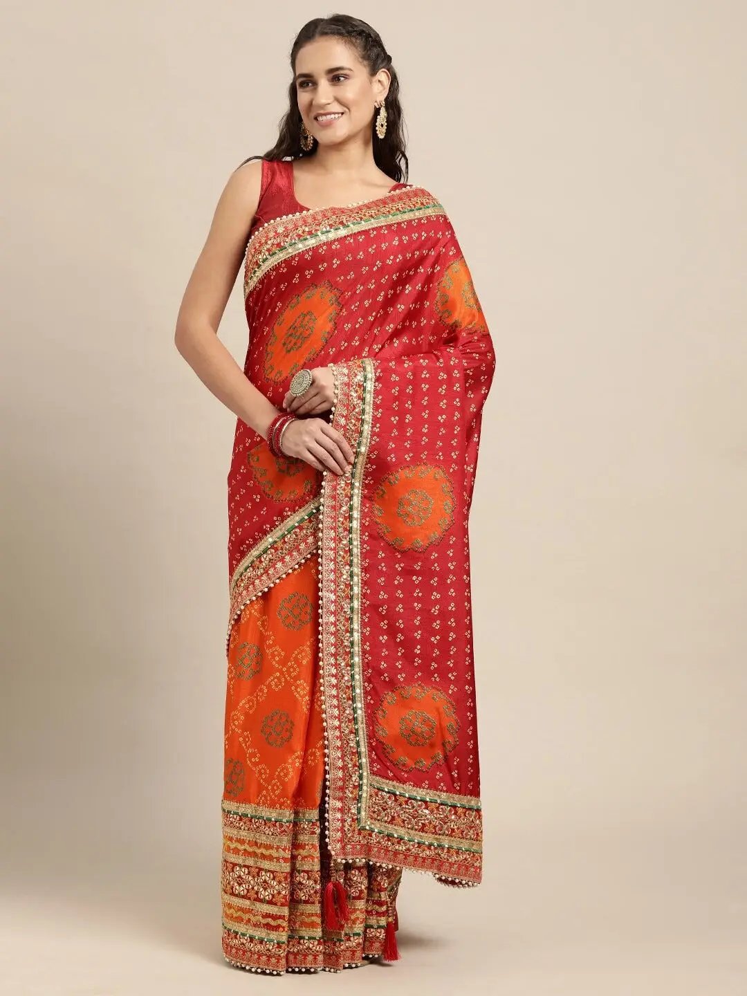 Poly Chiffon Half Half Bandhej Print Saree
