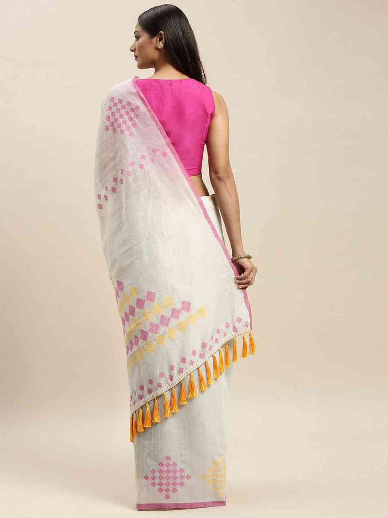 White Colour Cotton Silk Resham Minakari Weaving Saree