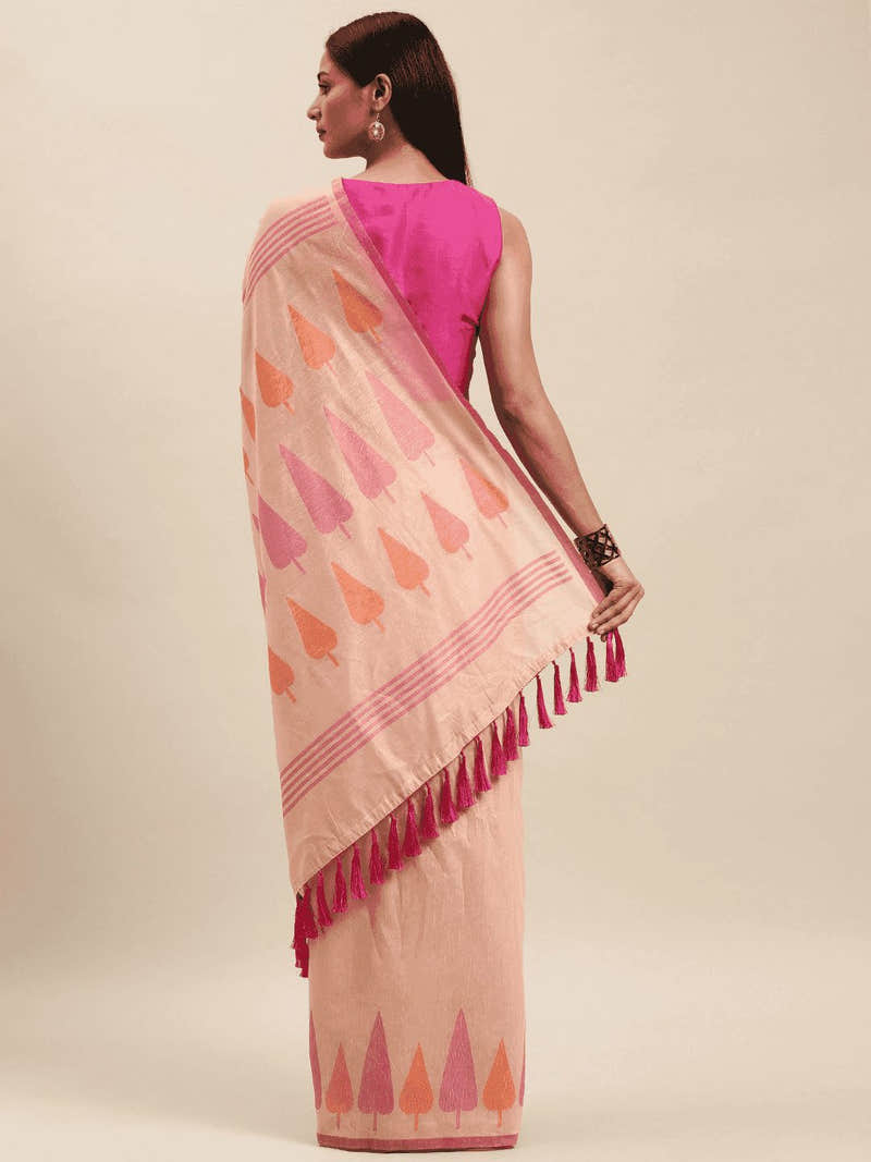 Peach Colour Cotton Silk Resham Minakari Weaving Saree