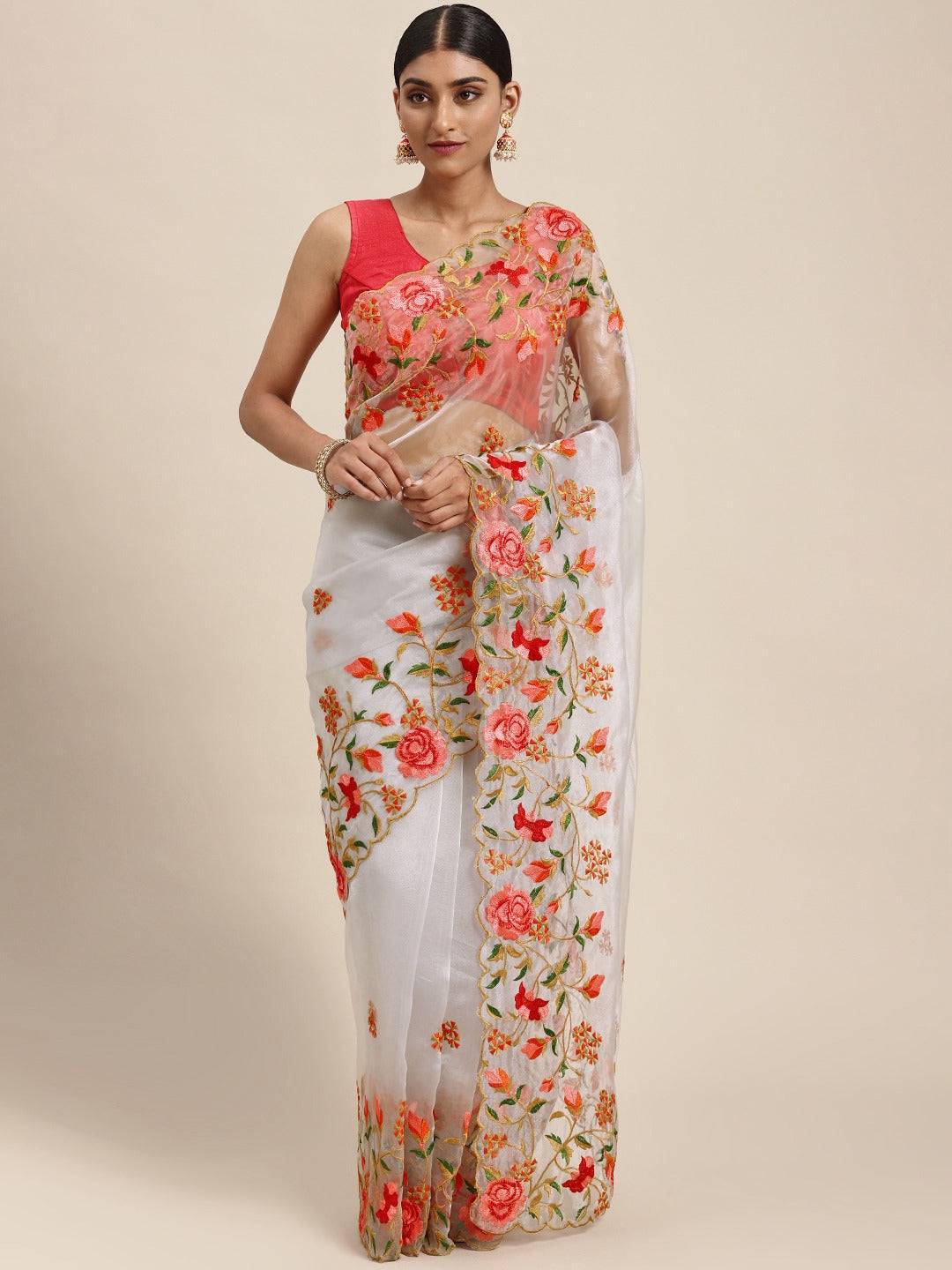 Soft Orgenza Embroidered Foil Print Saree