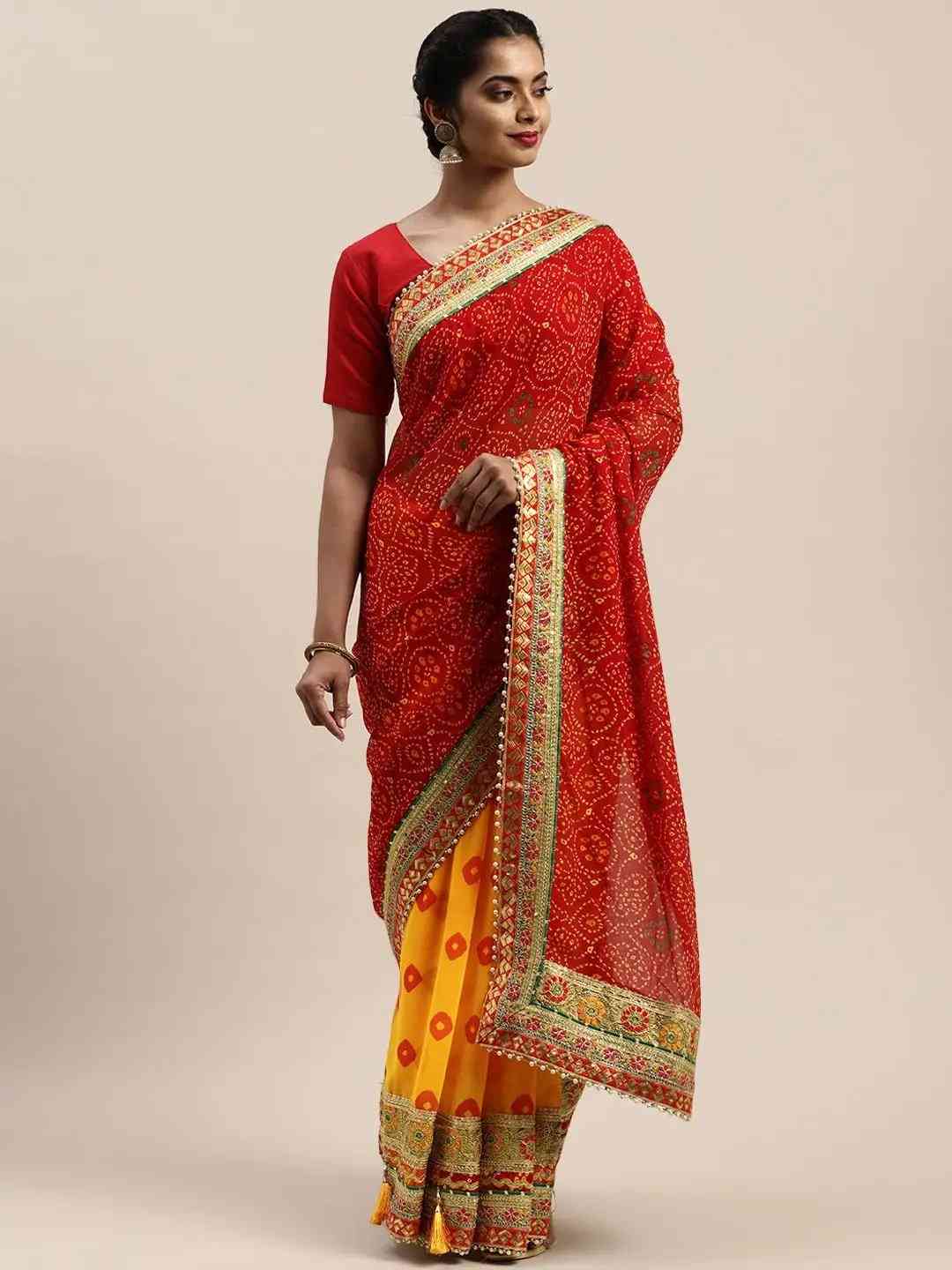 Half-Half Poly Chiffon Bandhani Print Saree