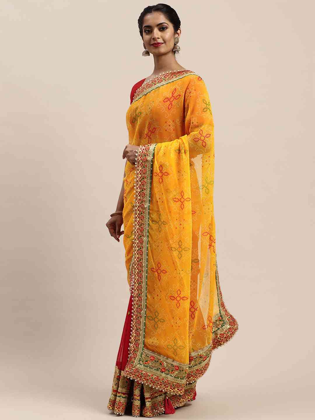 Half-Half Poly Chiffon Bandhani Print Saree