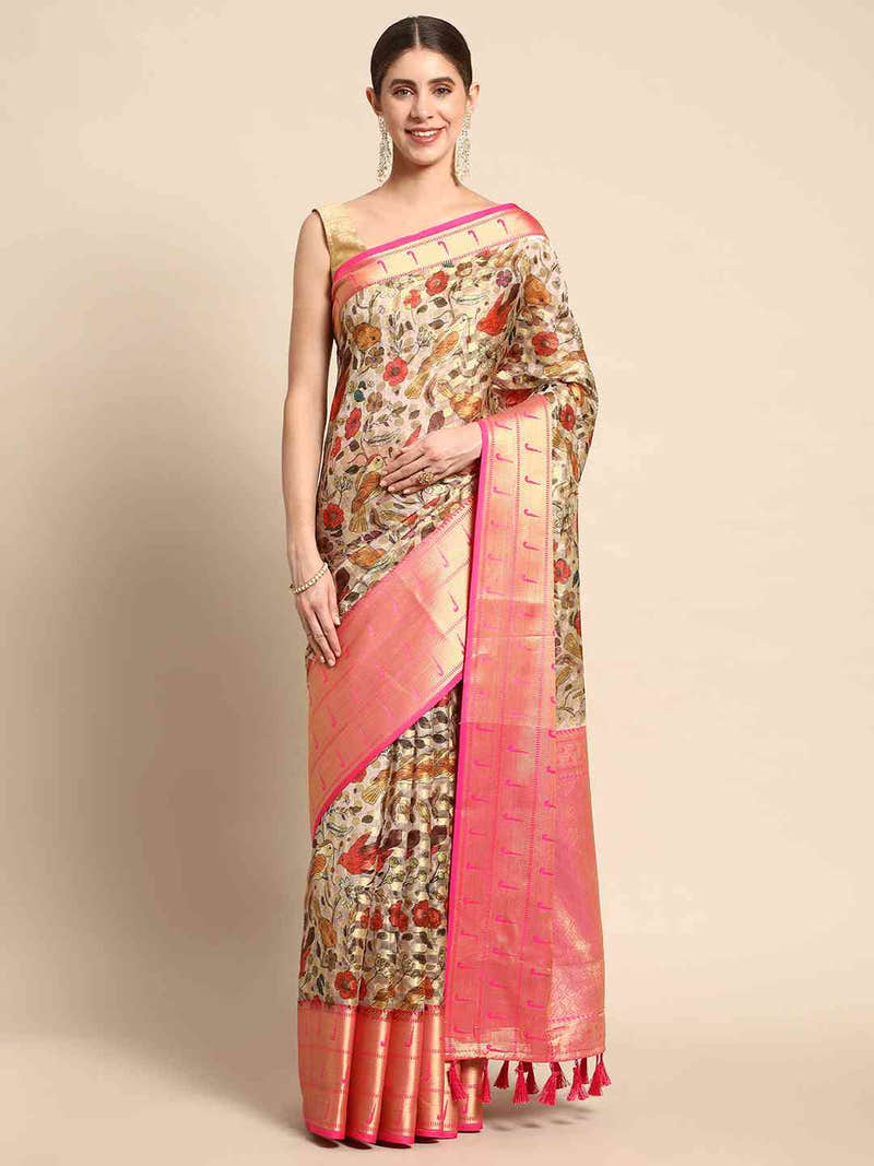 Organza Floral Print Zari Work Saree