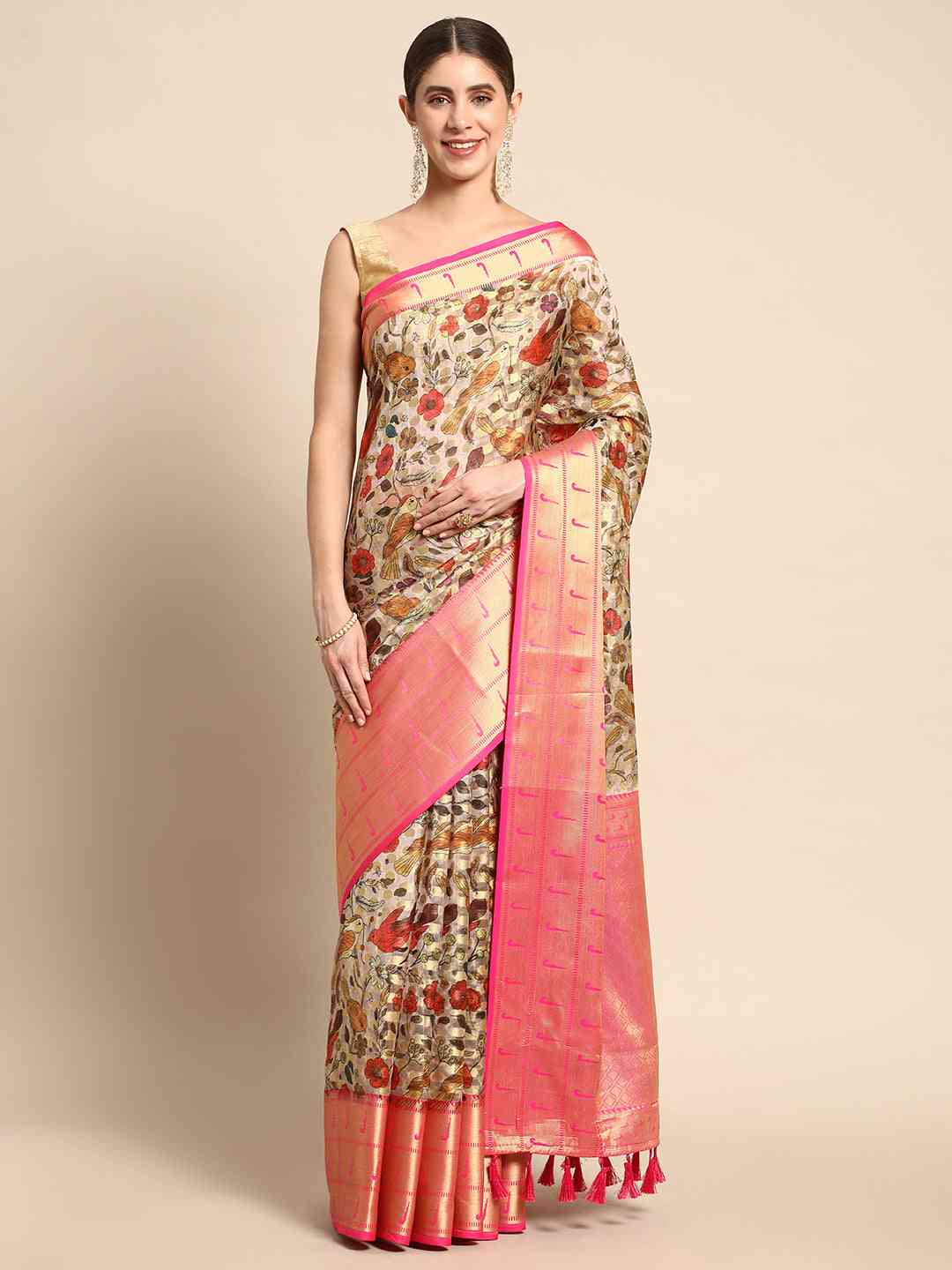 Cream Colour Pure Organza Banarasi Zari Work Saree