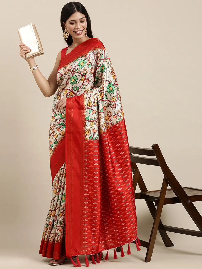 Soft Silk Kalamkari Saree With Digital Flower Print