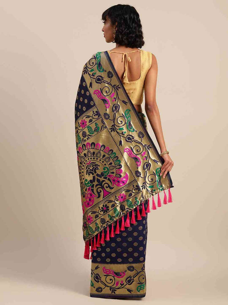 Stylish Navy Blue Colour Silk Banarasi Saree With Woven Design