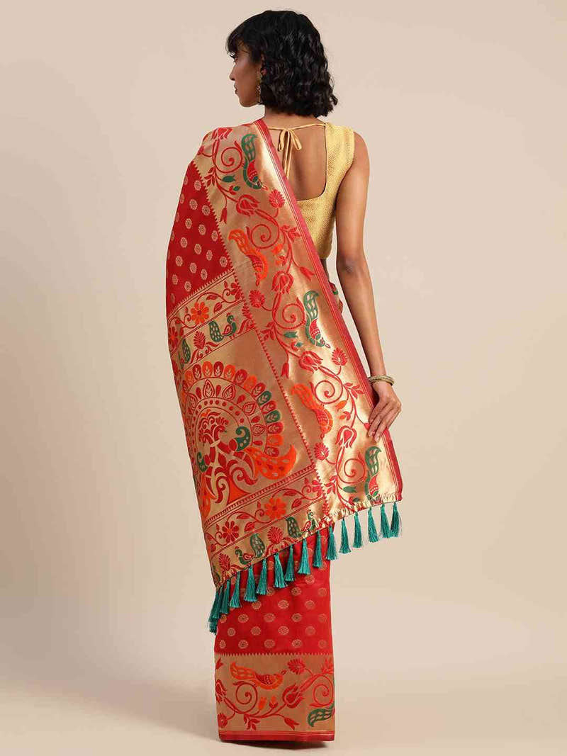 Stylish Red Colour Silk Banarasi Saree With Woven Design