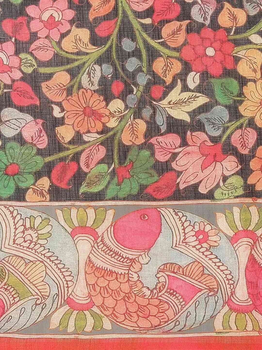 Pure Linen Pen Kalamkari Digital Print Saree