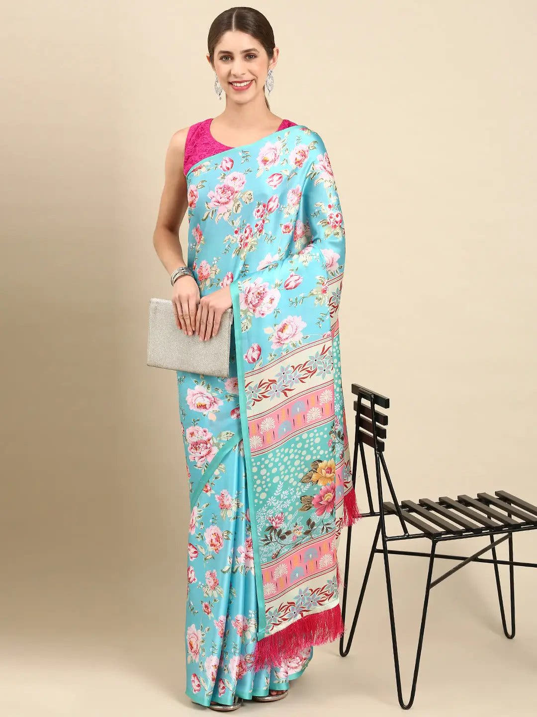 Soft Satin Georgette Pristel Colour Party Wear Saree