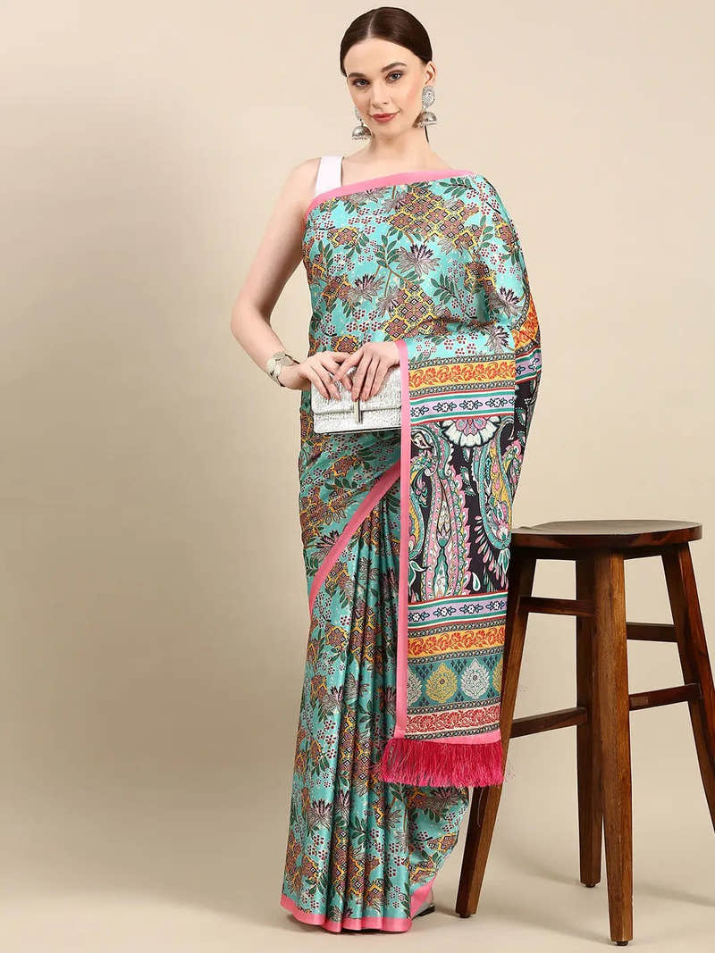 Shop Soft Satin Georgette Pastel Colour Party Wear Saree