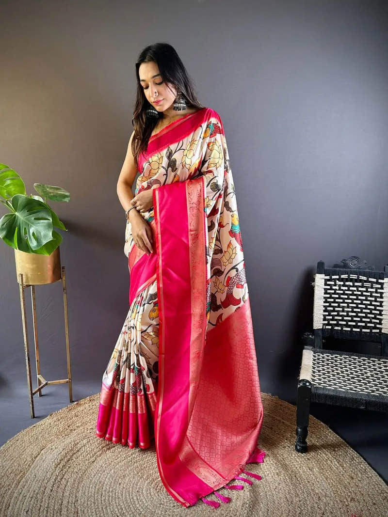 Ivory Silk Symphony Kalamkari Saree