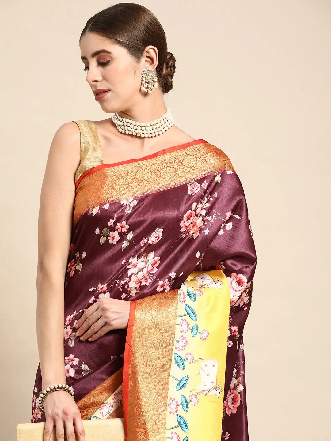 Soft Gadhwal Patti Woven Flower Pichwai Print Banarasi Saree