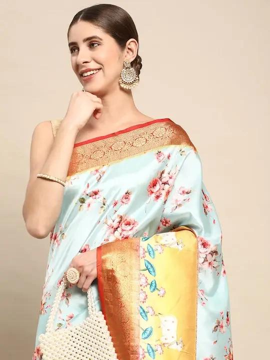 Gadhwal Flower Pichwai Print Patti Woven Banarasi Saree