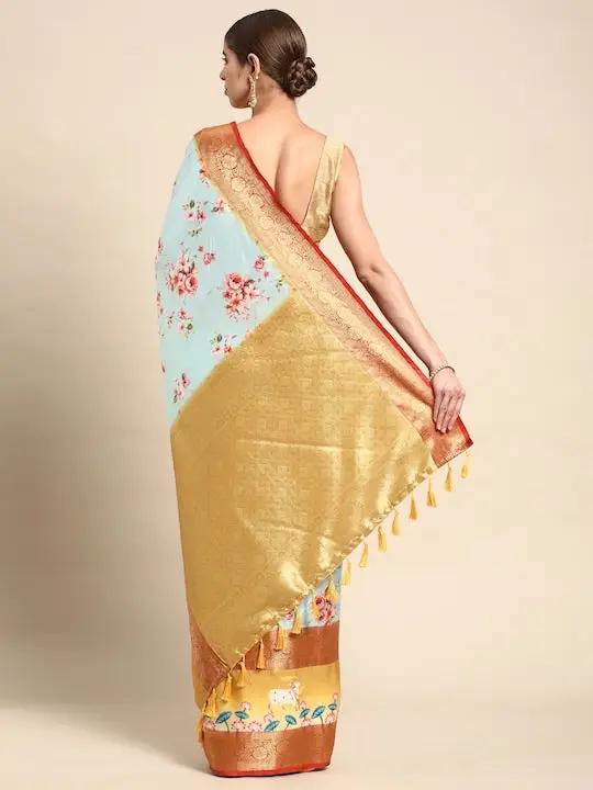 Gadhwal Flower Pichwai Print Patti Woven Banarasi Saree