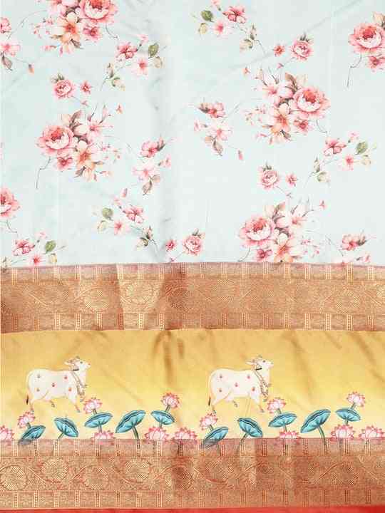 Gadhwal Flower Pichwai Print Patti Woven Banarasi Saree