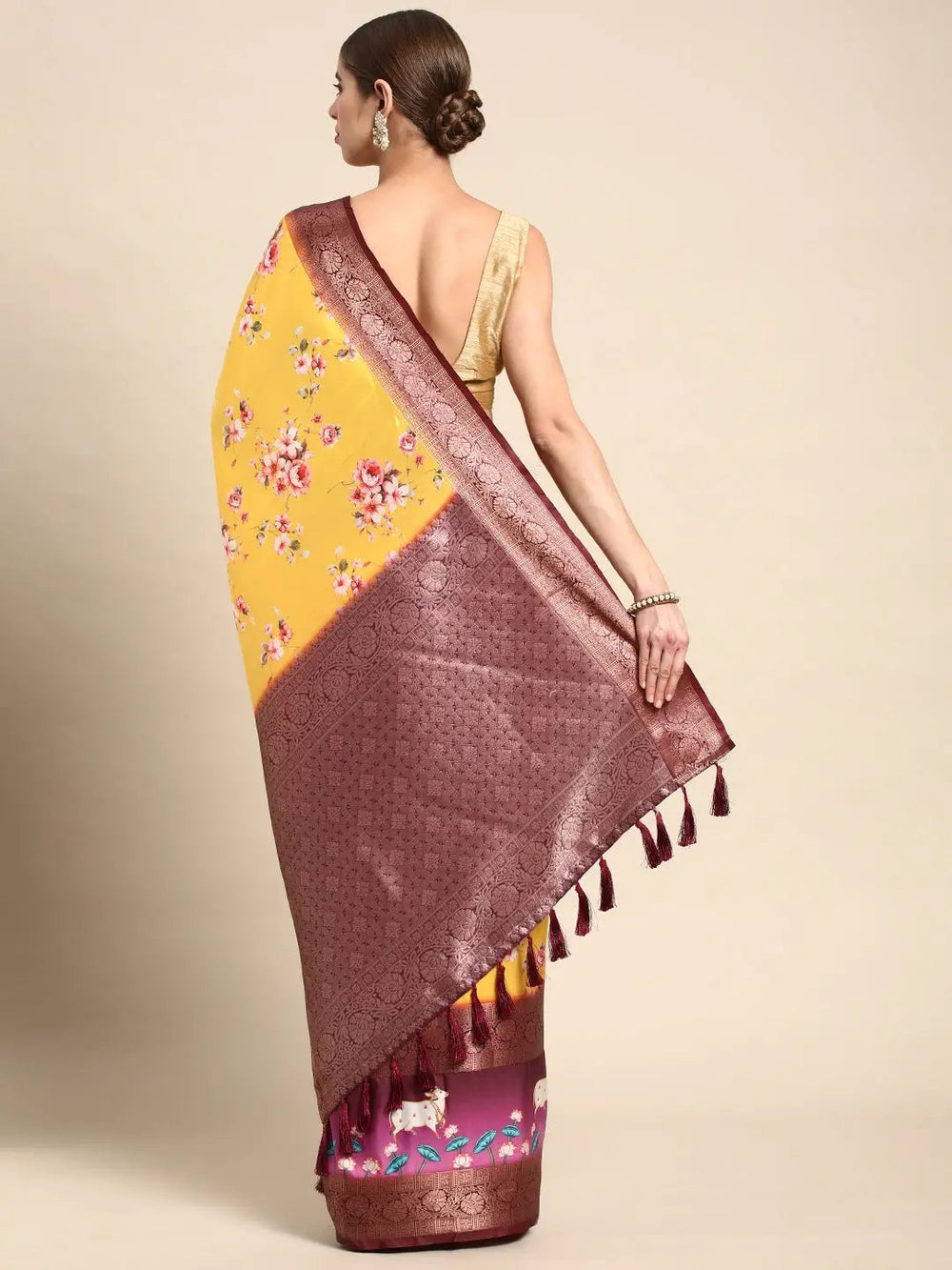 Soft Gadhwal Patti Woven Flower Pichwai Print Banarasi Saree