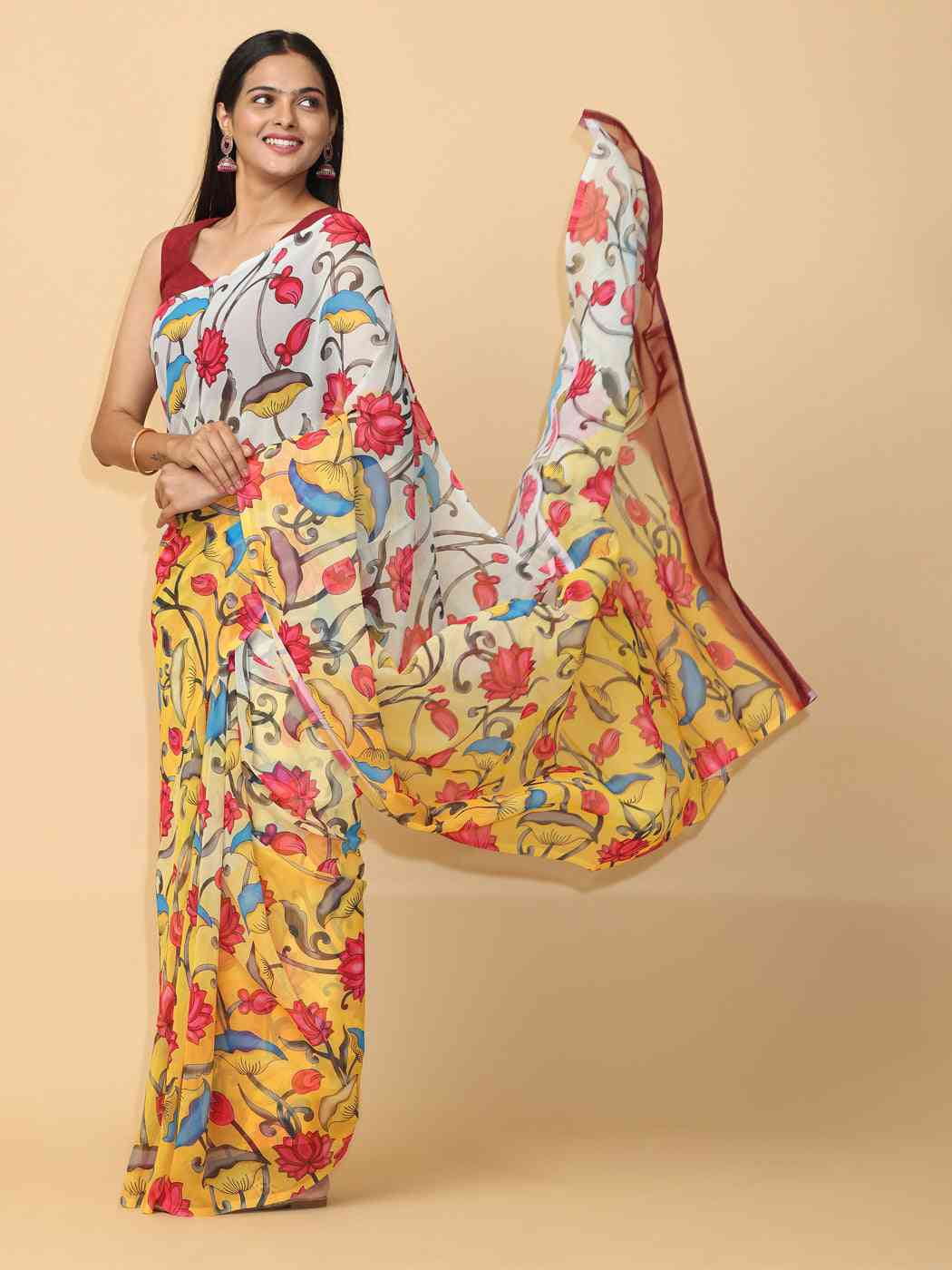 Soft Poly Georgette Digital Kalamkari Print Saree