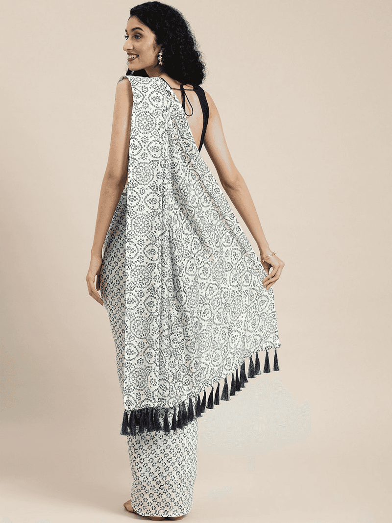 White Colour Stylish Linen Printed Bandhani Saree