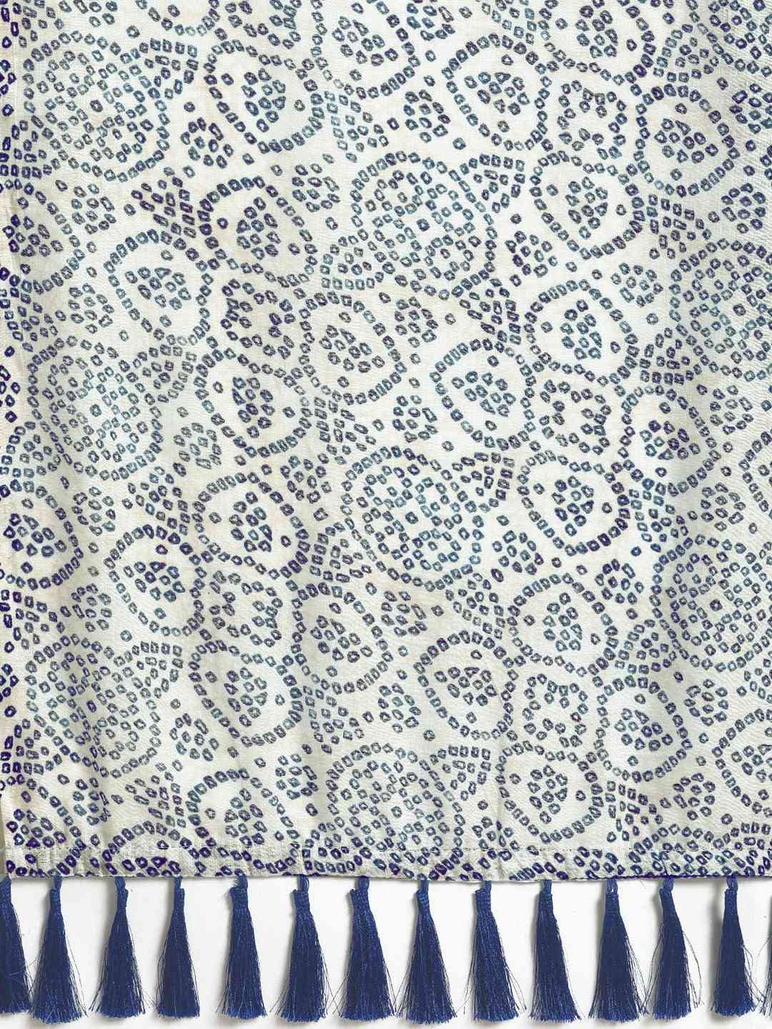 White Colour Stylish Linen Printed Bandhani Saree