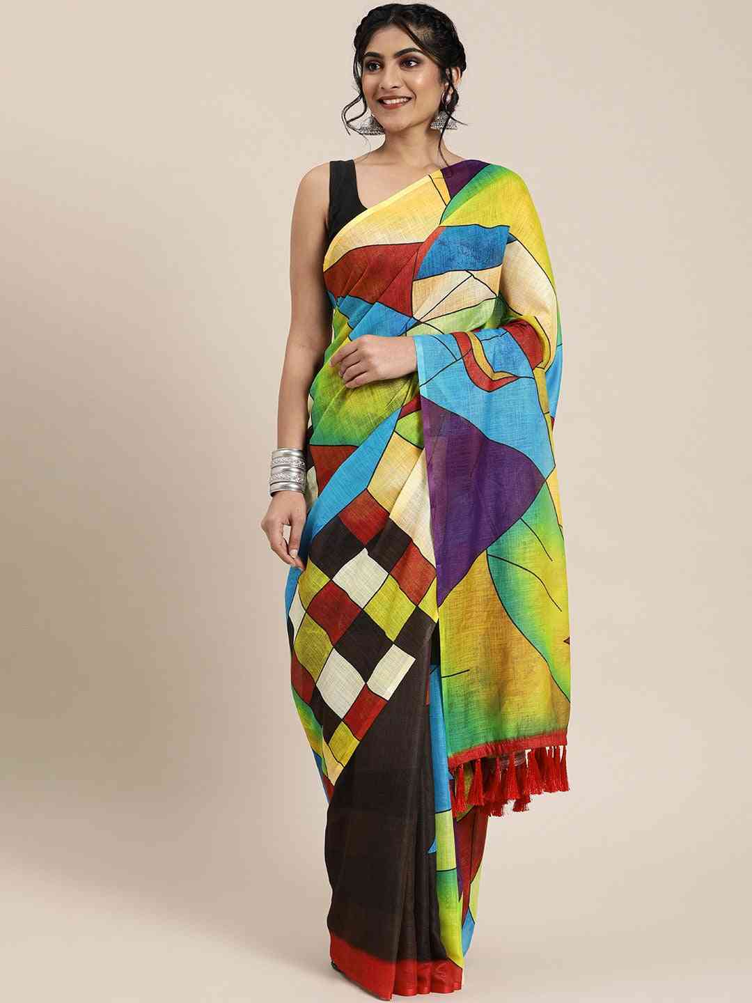 Multi Colour Stylish Abstract Printed Linen Saree