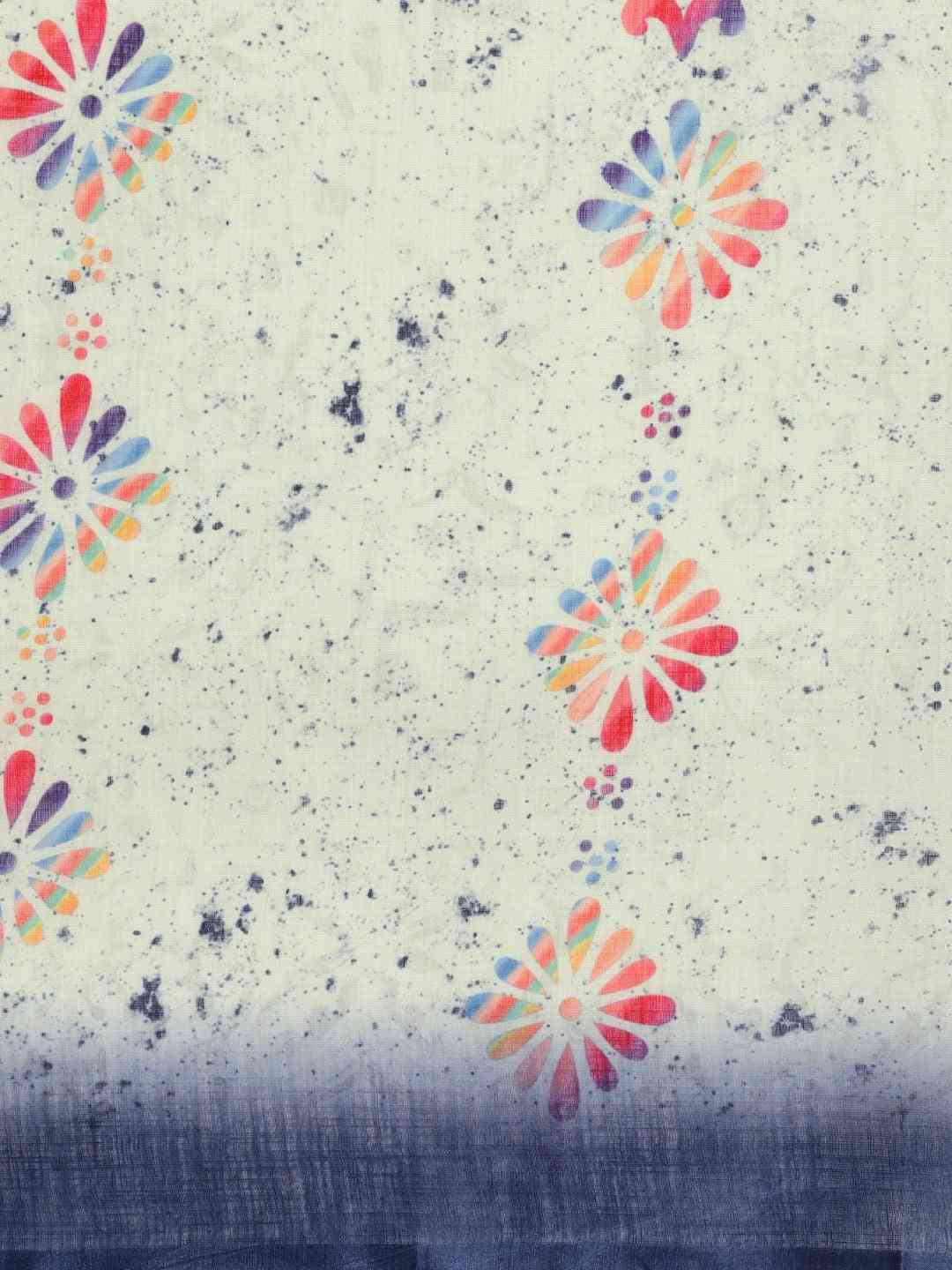 White Colour Exclusive Linen Block Print Saree