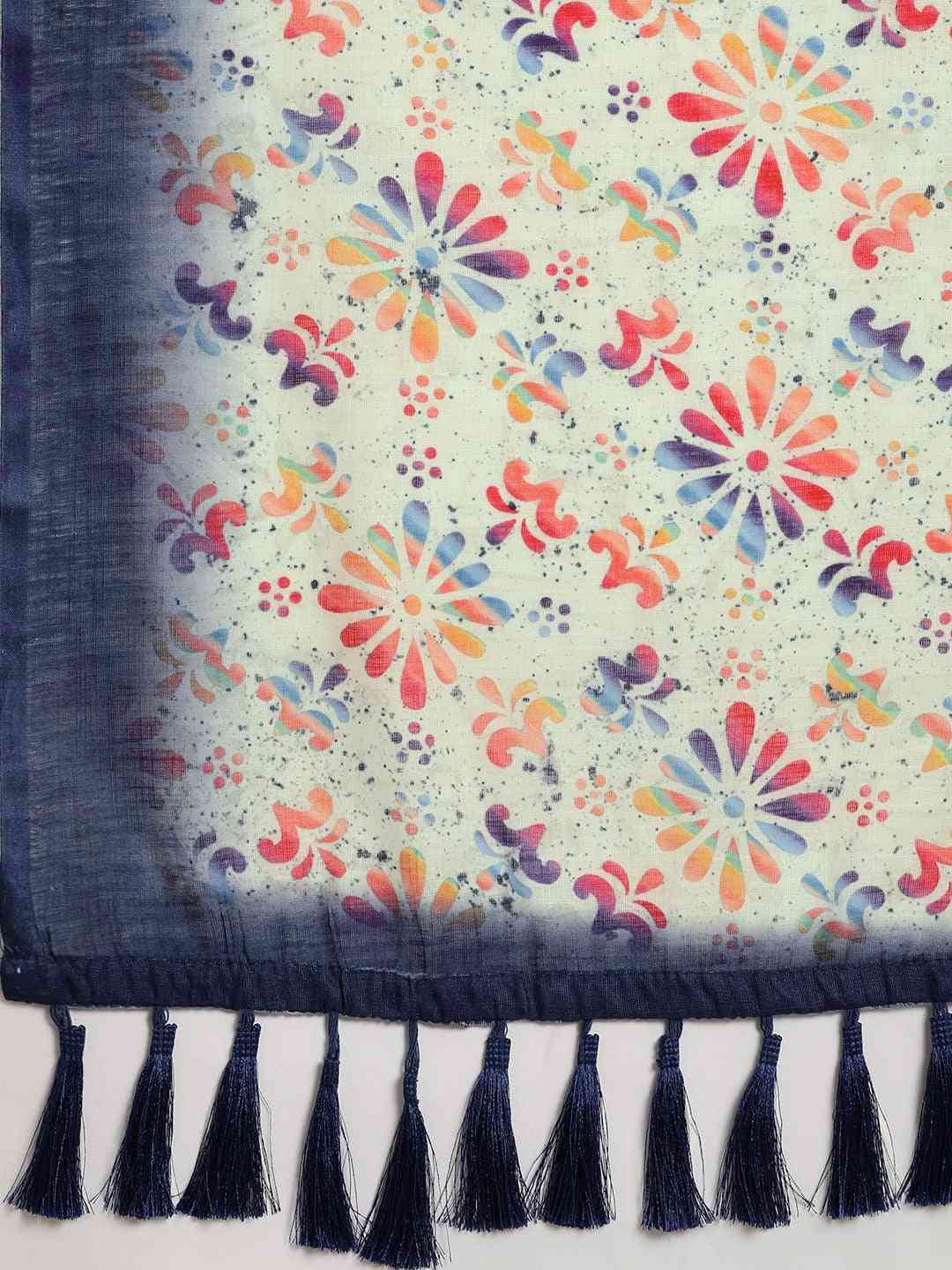 White Colour Exclusive Linen Block Print Saree