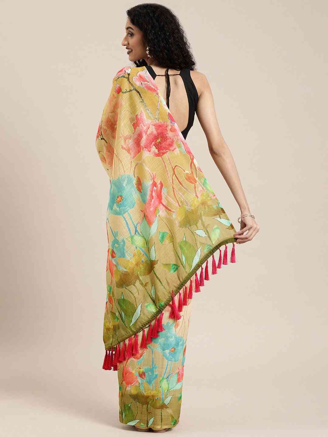 Stylish Linen Floral Print Saree