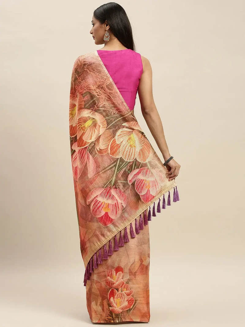 Soft Silk Zari Tissue Weaving Flower Print Design Saree