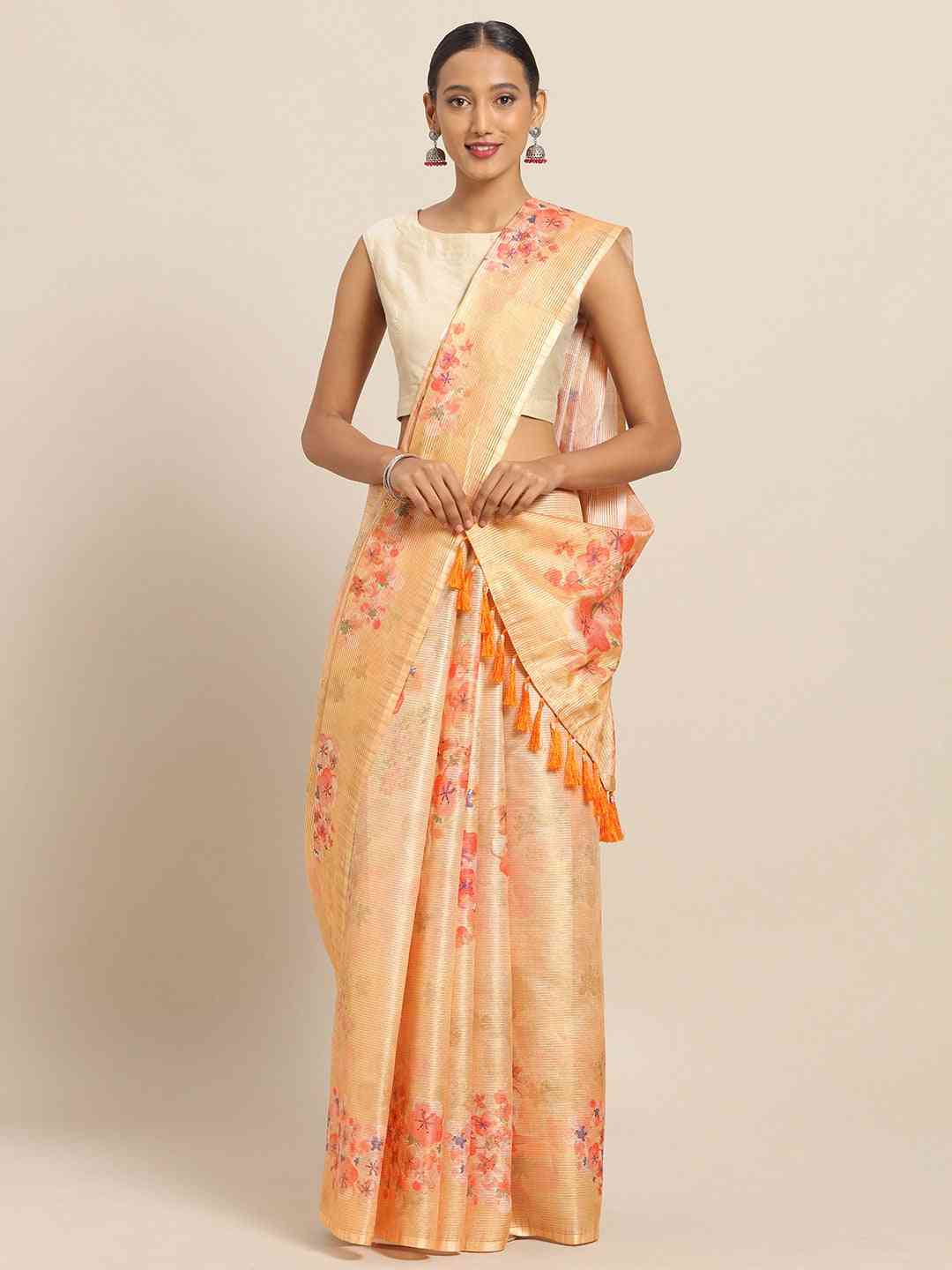 Yellow Colour Maheshwari Floral Printed Silk Saree