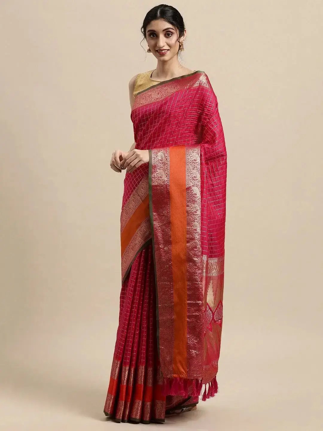 Stylish Banarasi Silk Saree with Checks and Woven Border