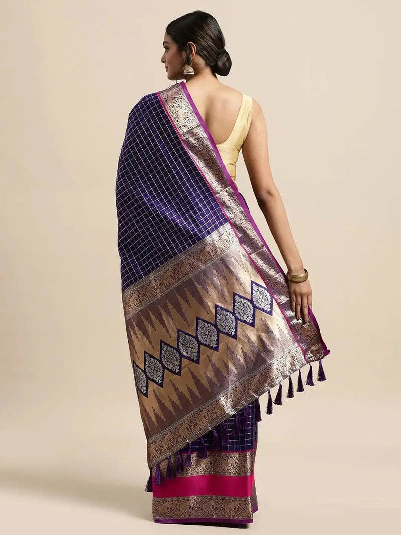 Banarasi Silk Saree with Intricate Checked Pattern and Woven Border