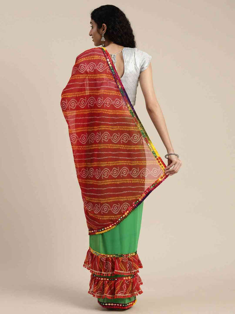 Georgette Green Colour Saree With Mirror Work & Bandhani Print