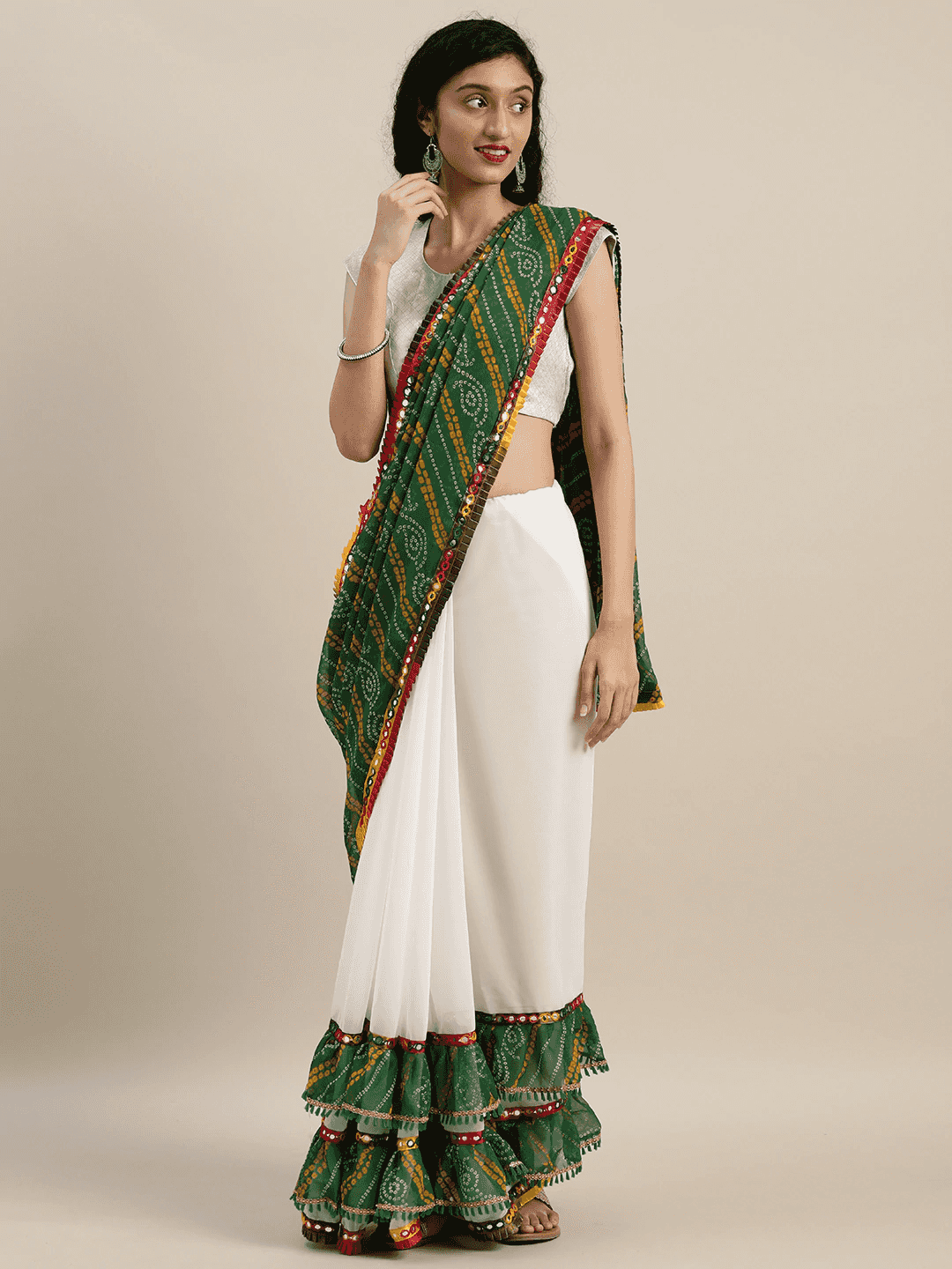 Latest Pure Georgette Embroidered Mirror Work Bandhani Saree