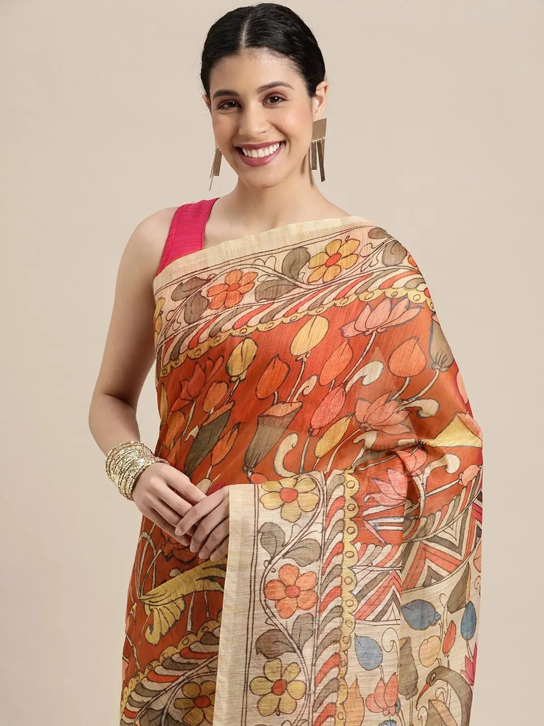 Digital Print Kalamkari Linen Saree