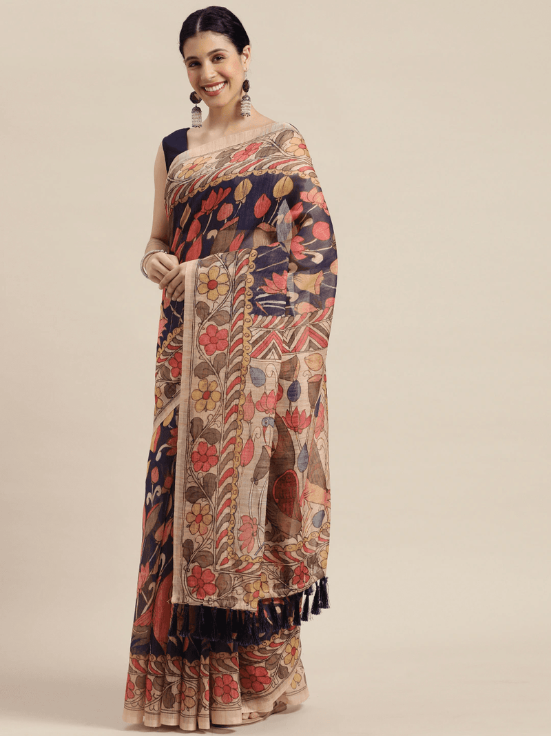 Beautiful Digital Print Kalamkari Design Soft Linen Saree