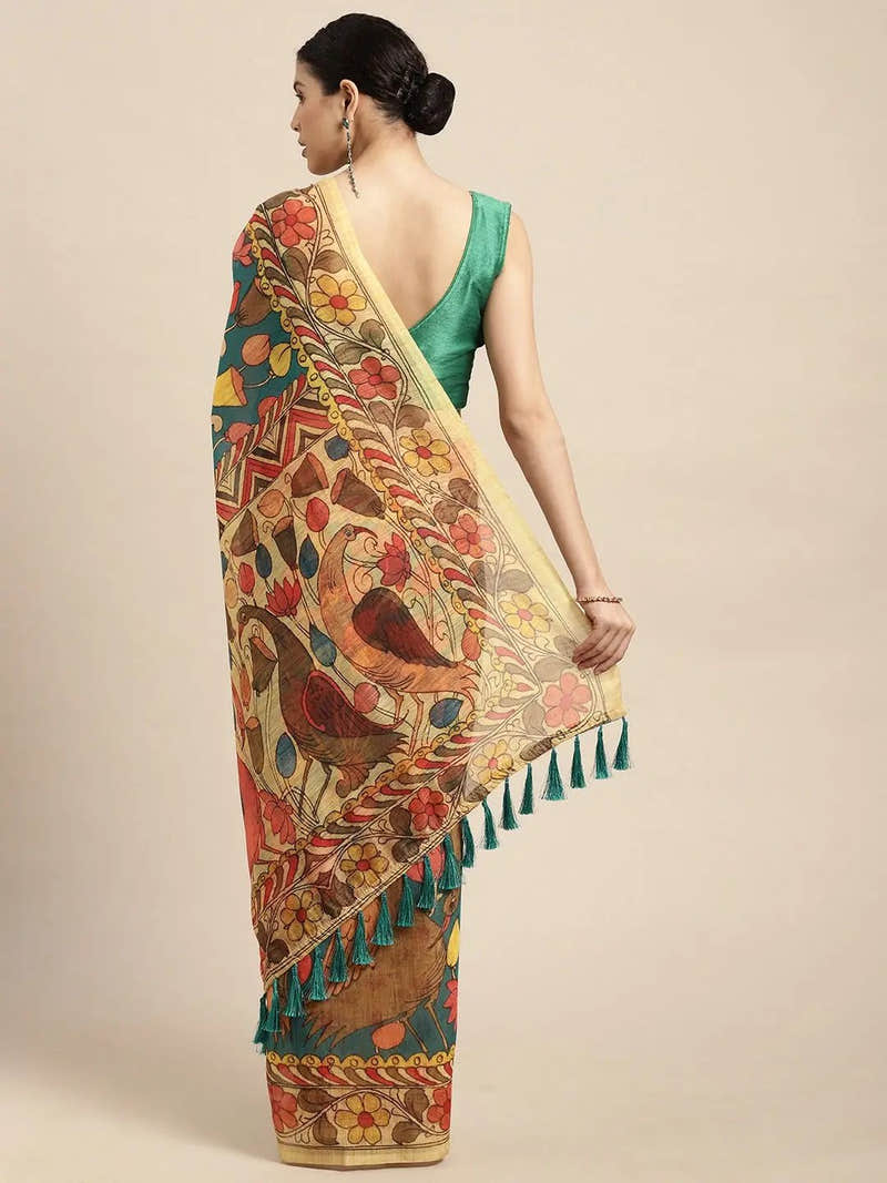 Beautiful Digital Print Kalamkari Design Soft Linen Saree